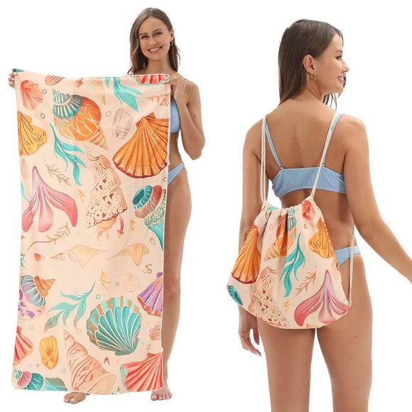 2-in-1 Foldable Beach Towel & Printed Bath Towel with Storage Pouch - Picture 1 of 6